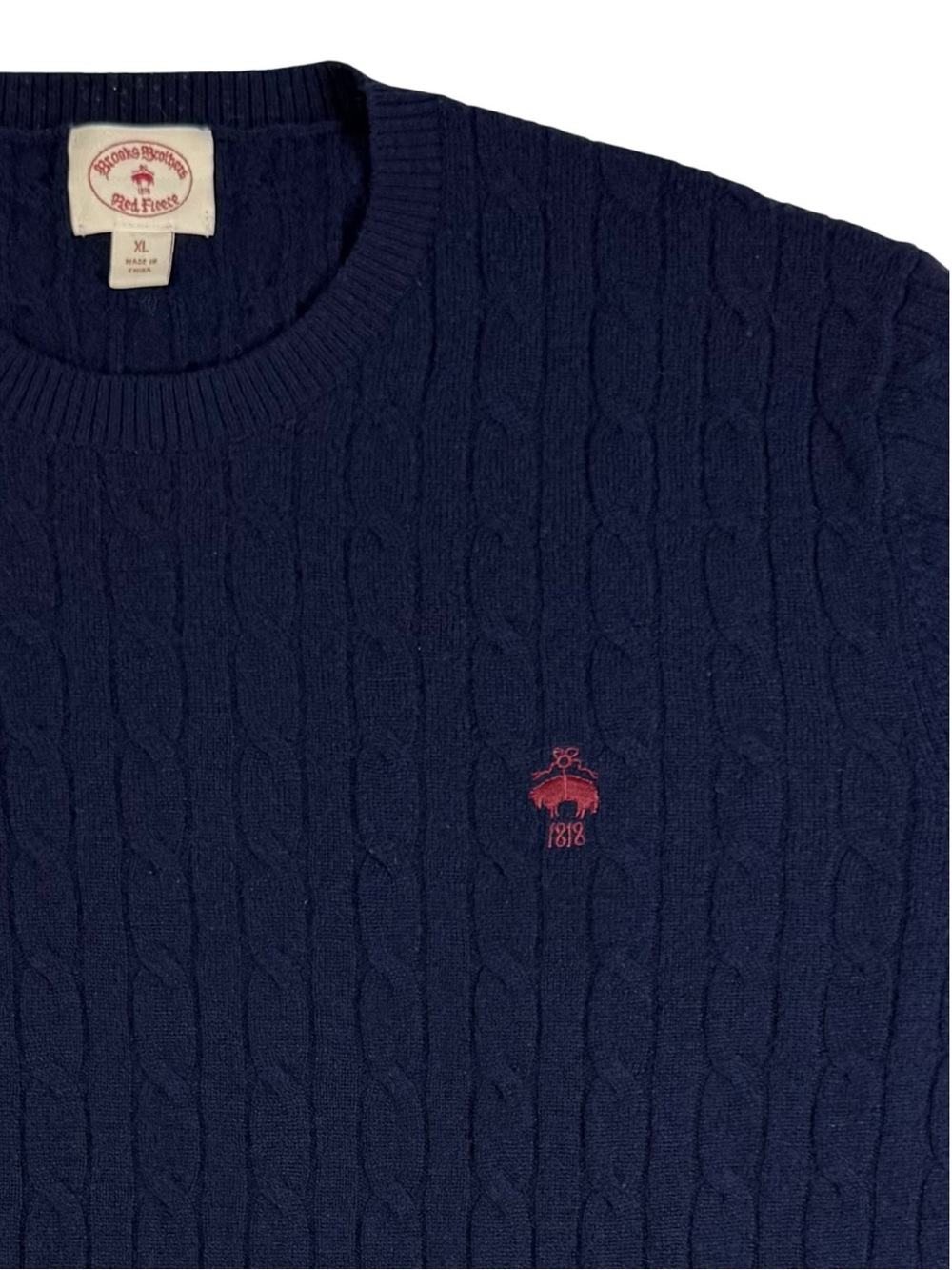 Brooks Brothers Navy Cable Knit Crewneck Sweater with Red Logo
